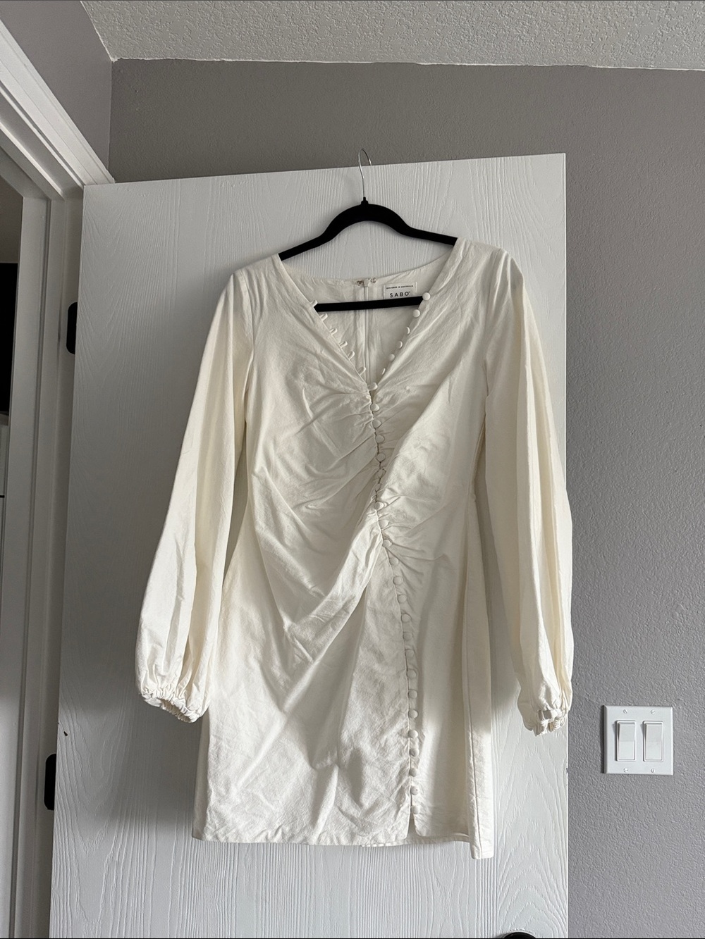 Sabo White Ruched V-Neck Mini Dress